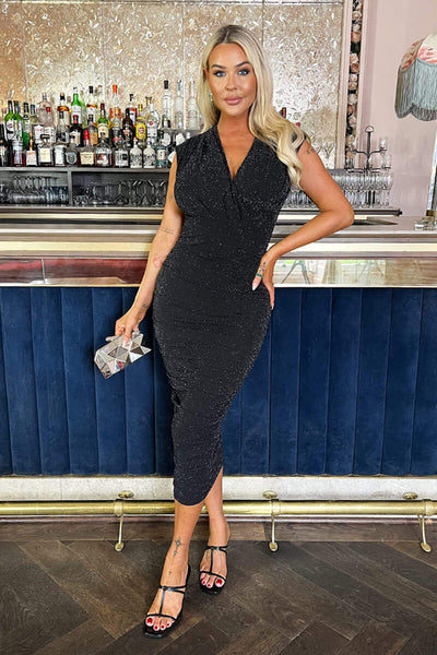 Svart Glitter Wrap Top Ruched Midi Kjol Klänning