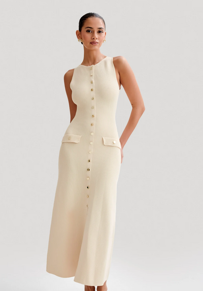 Kamelia Klänning med Guldiga Detaljer