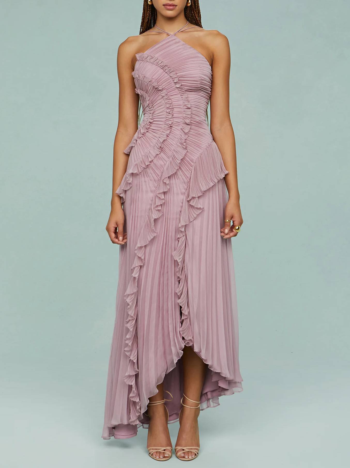 Halter Neck Plissé Backless Dress