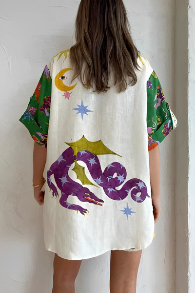 Days of Heaven Linnenmix Unik Tryck Blus och Shorts med Elastisk Midja och Fickor