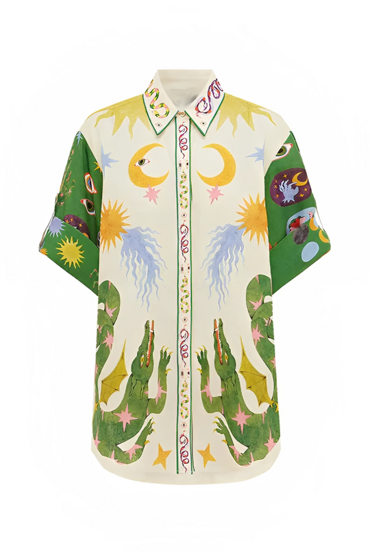 Days of Heaven Linnenmix Unik Tryck Blus och Shorts med Elastisk Midja och Fickor