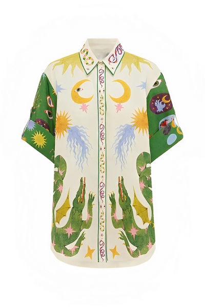 Days of Heaven Linnenmix Unik Tryck Blus och Shorts med Elastisk Midja och Fickor