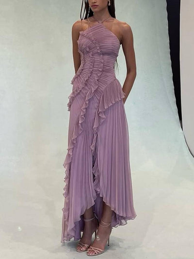 Halter Neck Plissé Backless Dress
