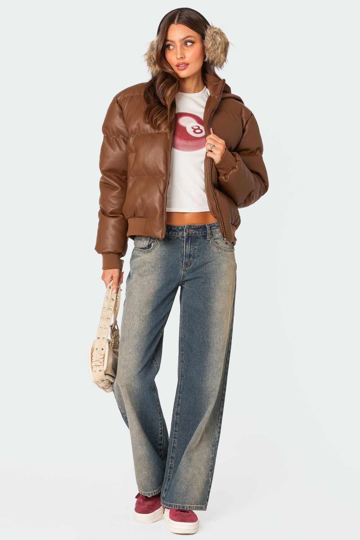 Vinterinspirerad Fusk läder Pufferhuva