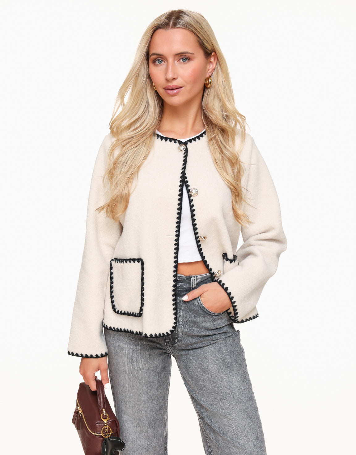 Creme Fleecejacka med Guldknappar